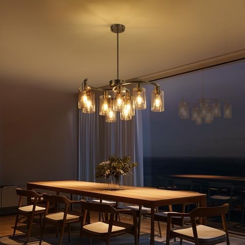 CNRATYE 9-Light Brushed Nickel Glass Chandelier, Adjustable Height Hanging Industrial Dining Room Chandelier Over Table, Modern Farmhouse Chandelier for Kitchen Island Living Room Entryway Bedroom - Image 2