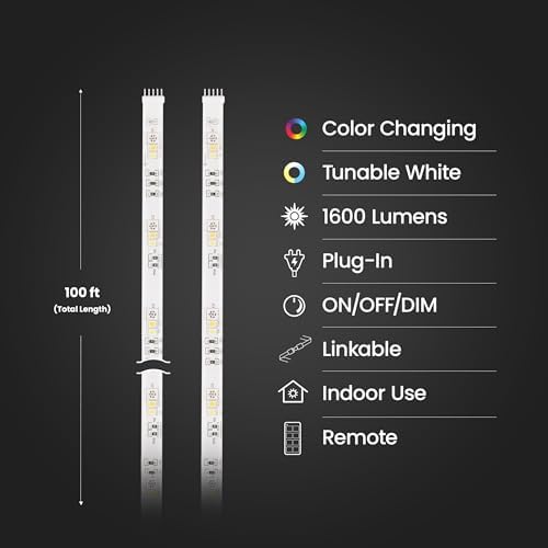 Feit Electric 100ft Chasing & Tunable White LED Tape Light, Dimmable, RGB Colors, Cuttable for Custom Fit, Slim 0.4-Inch Width, Indoor/Outdoor Plug-in Light Strip, Remote Controlled, TAPE1200/CHASE - Image 3