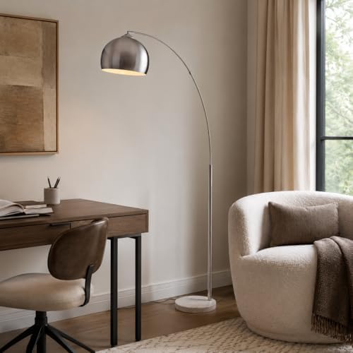 Teamson Home Arquer 68.1" Arc Floor Lamp for Living Rooms, Home Offices, Dining Rooms, Bedrooms with Faux White Marble Base and Nickel Bell Shade - Image 4