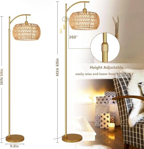 Gold Floor Lamp for Living Room with 3 Color Temperatures,Arc Boho Floor Lamps with Remote Control, Rattan Standing Lamp with Wicker Lamp Shades Dimmable Tall Floor Lamp For Bedroom Living Room Corner - Image 6