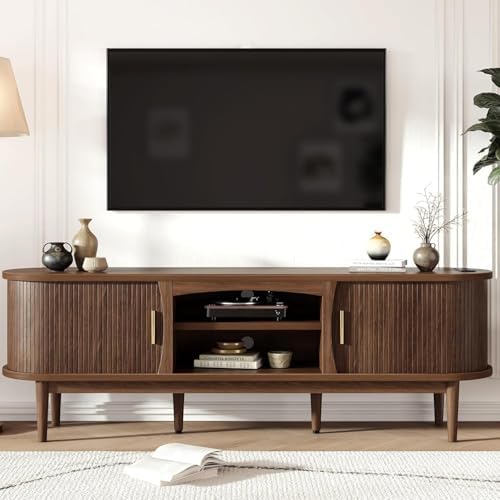 Decofy Mid Century TV Stand for TVs up to 70 Inches Entertainment Center with Storage, Power Outlet, Fluted Sliding Doors & Adjustable Shelves, Modern Media TV Console Table for Living Room (Walnut) by Decofy