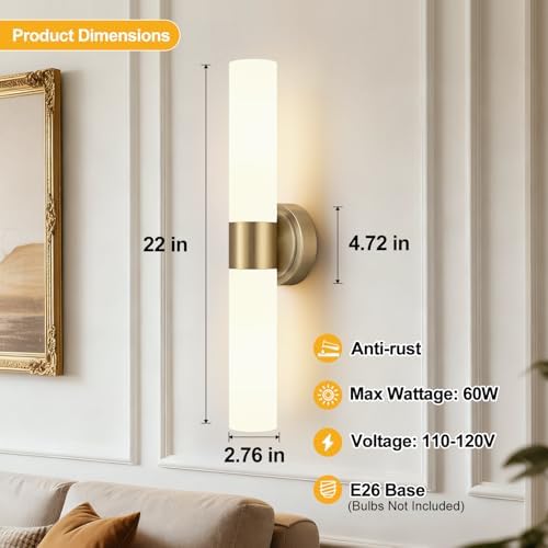 Wall Sconces Set of Two, Modern Bathroom Sconces Wall Lighting with & Milky White Glass, Brass Sconces Wall Decor Set of 2 for Bathroom Mirror Bedroom Living Room Hallway - Image 3