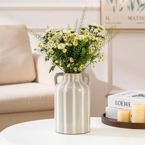 SURE YUESI Grey Ceramic Vase with Handles, Modern Farmhouse Striped Decorative Vase, 9.1" Art Deco Tall Flower Vases for Pampas Grass, Shelf Decor, Dining Table Centerpiece, Living Room Home Decor - Image 6