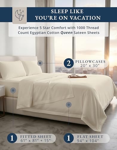 LANE LINEN Queen Size Sheets 1000 Thread Count 100% Egyptian Cotton - Ivory - Image 2