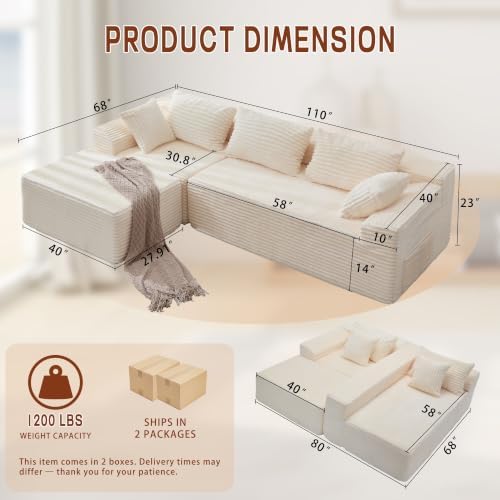 Korser 110" L-Shaped Modular Sectional Sofa with Chaise, Boneless Comfy Corduroy Fluffy Couch with Deep Seat and Side Pockets, Flexible Module Combination for Living Room, No Assembly, Side Pockets - Image 3