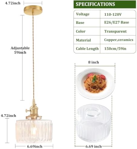 Shenmoyl Pendant Light 2 Pack with Clear Striped Glass Lmapshade, Brass Vintage Pendant Light Adjustable Hanging Light for Kitchen Island Dining Room Hallway - Image 5