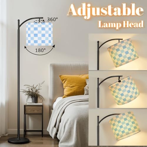 Arc Floor Lamp Blue Watercolor Gingham Checkered Soft Shades Blue White Dimmable Modern Standing Lamp with Remote Adjustable Drum Shade Footswitch Tall Pole Lamp for Living Room Bedroom - Image 3