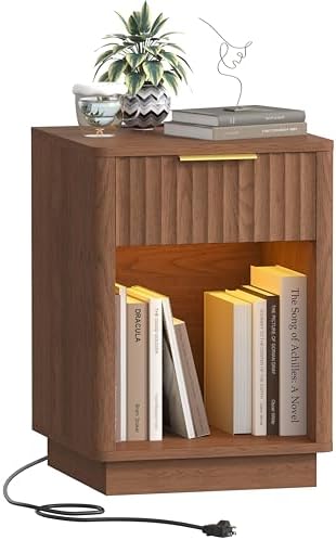Akxomel Fluted Nightstand Bedside Table with Charging Station Walnut by Akxomel