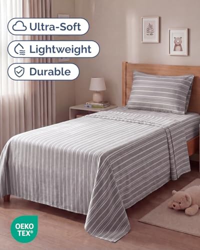 Twin Size 3 Piece Sheet Set - Breathable & Cooling Sheets - Grey Stripes - Image 2