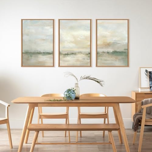 LHIUEM Large Abstract Green Gray Pastel Framed Canvas Wall Art,Neutral Landscape Wall Decor,Modern Watercolor Lake Artwork,Beige Textured Illustrations Art for Living Room,Bedroom,Office- 16"x24"x3 - Image 3