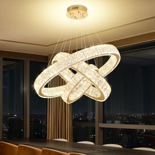 Modern Led Gold Ring Chandelier Luxury 3 Ring Crystal Chandelier Led Dimmable Light for Dining Room Height Adjustable Led Pendant Light 32''+24''+16'' by IDEQUY