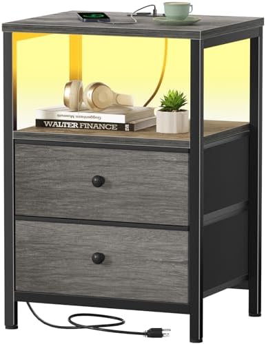 BOLUO Gray Nightstand with Charging Station, LED Night Stand with 2 Fabric Drawers, Bedside Table with USB Ports and Outlets, Nightstand for Bedroom Modern by BOLUO