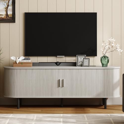 ONBRILL 63" TV Stand with Power Outlet & Storage for TVs 60", Natural White by ONBRILL