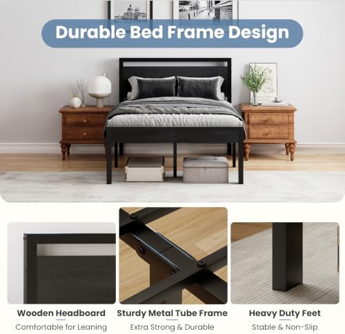 Sweetcrispy 14 Inch Full Size Bed Frame with Wood Headboard, Black - Image 4