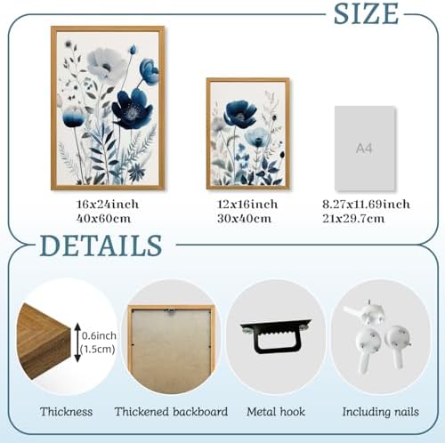 LLEEMPI Navy Blue Floral Wall Art Set of 3, 12x16 Wood Framed Canvas Prints - Image 7