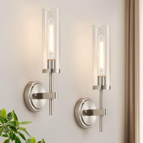 MOKATNG Wall Sconces Set of Two, Brushed Nickel Bathroom Sconces with Clear Glass, Hardwired Sconces Wall Decor Set of 2, Modern Wall Light Fixtures for Bathroom Mirror Living Room Bedroom Hallway by Bathroomlightfixtures