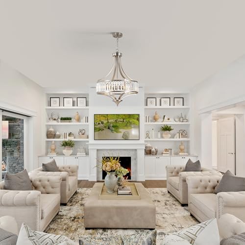 CNRATYE 20" Brushed Nickel Chandeliers for Dining Room, 5-Light Modern Crystal Chandelier for Entryway, Hanging Round Light Fixture for Kitchen Island Living Room Bedroom Office Bathroom Staircase - Image 3