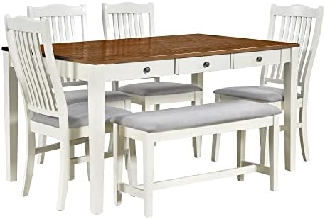 Compact 6-Piece Dining Table Set, Solid Wood Kitchen Dining Room Table Set with 4 Padded Ergonomic Chairs & Bench, 60'' Rectangular Table with Storage Drawer, Space-Saving Design (Grey-P) - Image 6