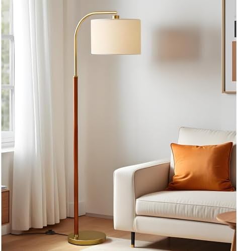 66” Walnut Gold Floor Lamp for Living Room, 1200 Lumens 3-Level Brightness Arc Floor Lamp for Bedroom, Wood Vintage Mid Century Modern Standing Lamp, Adjustable Lampshade, LED Bulb Included by FINNCHY