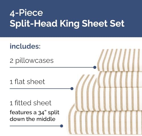 Flex Top Split Head King 4 Piece Sheet Set - Soft & Cooling - Beige Stripes - Image 3