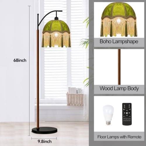 ILLMTW Fringe Floor Lamp for Living Room,Bedroom,Victorian Standing Lamp with Remote Dimmable,Green Mid Century Black Arc Tall Lamp Boho Vintage Retro Wood Tassel Flower Unique Lamp Tiffany Decor - Image 6