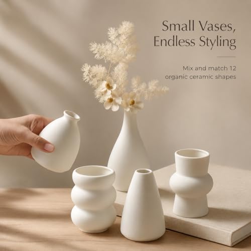 Set of 12 White Ceramic Vase for Pampas Grass Flowers, Japandi Small Vases in Bulk for Wedding Centerpieces, Shelf and Table Decorations, Living Room and Bedroom Decor, DIY Gift - Image 4