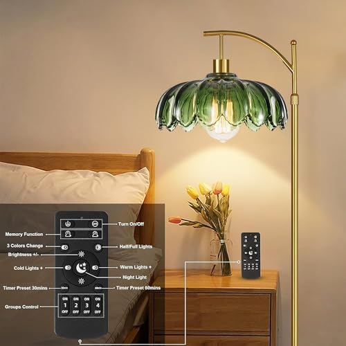 ZECOXOL Gold Floor Lamps for Living Room Vintage Green Floor Lamp with Remote Control & Glass Lampshape,Dimmable Mid Century Modern Standing Lamp Tall Flower Lamp Brass Floor lamp for Bedroom Corner - Image 5