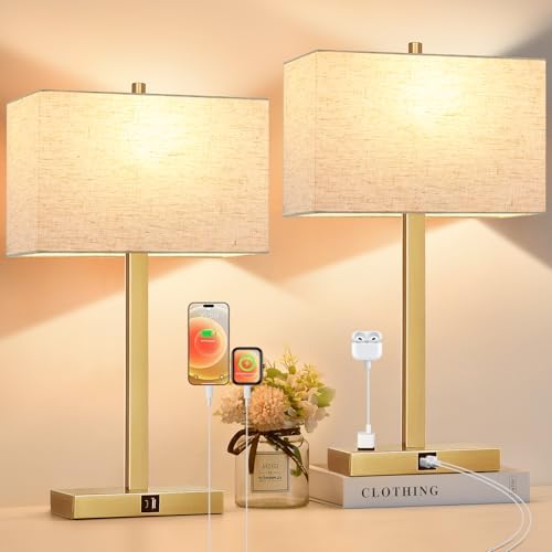 Lynnoland 21" Set of 2 Table lamp with USB A+C & AC Outlets, Touch Control 3-Way Dimmable Nightstand Lamps for Living Room Bedroom Office Reading, Linen Shade Touch Lamps, 3000K LED Bulbs Included by BringBrightnesstoYourLife