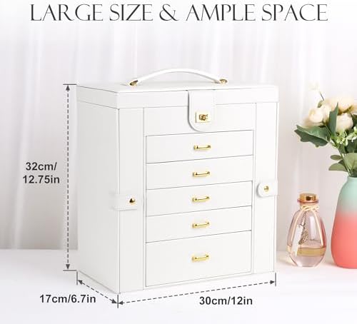 Kendal Extra Large Jewelry Box Jewelry Case PU Leather 6 Tier 5 Drawers Large Storage Capacity with Mirror Jewelry Storage Organizer Great Gift Also Good For Watches LJC-SHD5CM(White) - Image 3