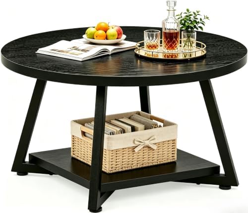 Coffee Tables for Living Room, 27.6" Round Coffee Table, Black Coffee Table by FAMIDGE