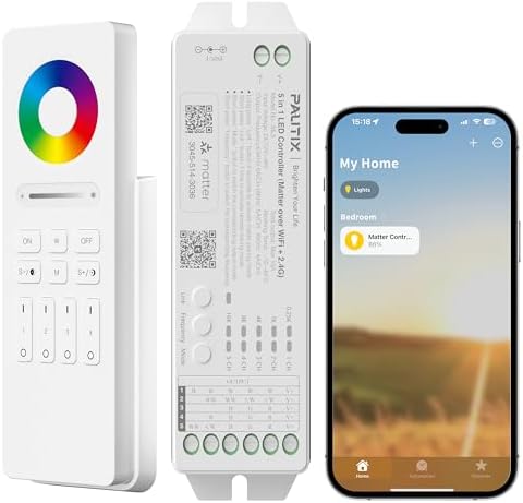 PAUTIX Matter WiFi LED Controller Kit ML5 Compatible with Tuya APP/Homekit/Smart Life/Alexa/Google Home/Siri, DC12-48V Dimmable with RF Remote for Single Color/CCT/RGB/RGBW/RGBCCT LED Strip Lights by PAUTIX