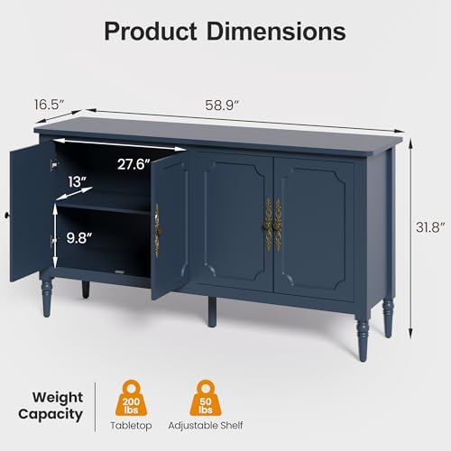RoyalCraft Buffet Cabinet with Storage, Vintage Sideboard with Adjustable Shelves, Mid Century Modern Painted Credenza Coffee Bar for Kitchen, Dining Room, Entryway, Blue - Image 2