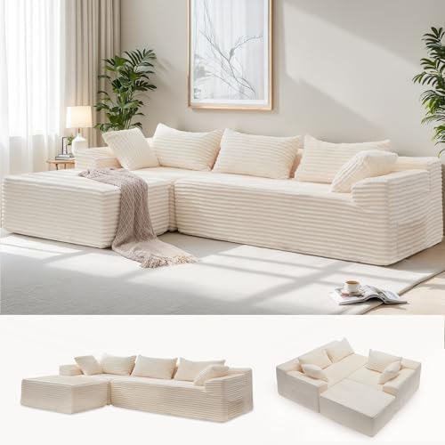 Korser 110" L-Shaped Modular Sectional Sofa with Chaise, Boneless Comfy Corduroy Fluffy Couch with Deep Seat and Side Pockets, Flexible Module Combination for Living Room, No Assembly, Side Pockets by KORSER