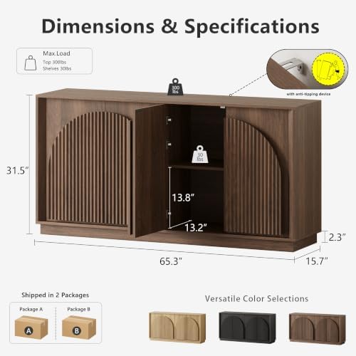 win2win 65" Sideboard Buffet Cabinet with Storage, Modular Credenza, Walnut - Image 2
