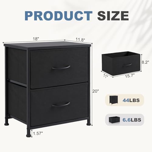 DUMOS Nightstand Set of 2, Small Dresser with 2 Fabric Drawers Side Bedroom End Table Kids Bedside Storage Furniture for 25 inch Tall Night Stand for Closet, Entryway, College Dorm, Classic Black - Image 3