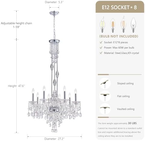 8-Light Maria Theresa Crystal Chandelier, Chrome Dining Room Light Fixture for Entryway & Living Room, Adjustable Height, E12 Base - Image 2