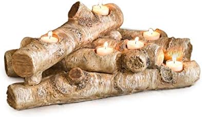 Plow & Hearth Faux Birch Wood Resin Logs Candle Holder for Fireplace | Romantic Ambiance Without Heat or Mess | Holds 8 Tea Lights| Realistic Sculpted Logs | 18" L x 10.5" W x 8" H (Birch) by PlowHearth