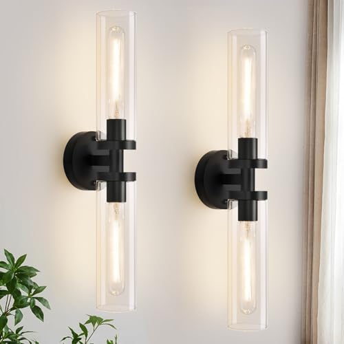 Wall Sconces Set of Two, Hardwired Matte Black Bathroom Sconces Wall Lighting with Clear Glass, Modern Sconces Wall Decor Set of 2 Bathroom Light Fixtures for Mirror Hallway (Bulbs Not Included) by Indoibrightenyourbathroom