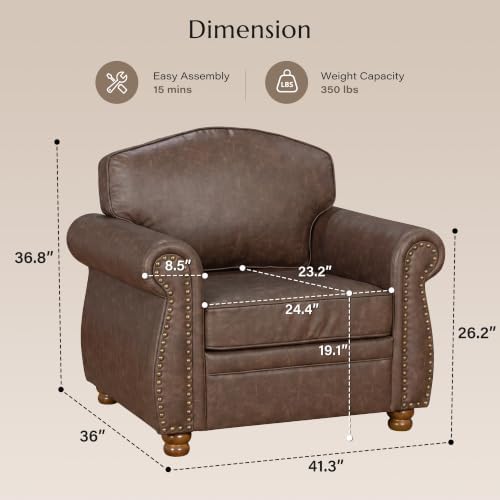 Vintage Oversized Faux Leather Chair for Living Room, 41.3", Dark Brown - Image 2