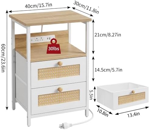 Fixwal Night Stand with Charging Station, Led Nightstand, 2 Fabric Drawers - Image 2
