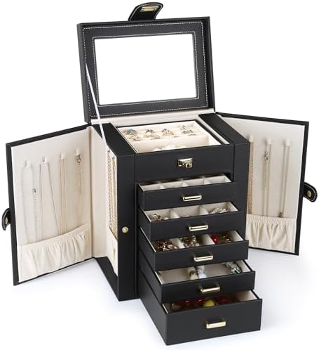 Kendal Jewelry Box, 6-Layer Jewelry Storage Organizer for Necklace Bracelet Rings Watch, 10.2"x8.2"x6" Classic Black PU Leather 5 Drawers Large Storage Capacity with Mirror by Kendal