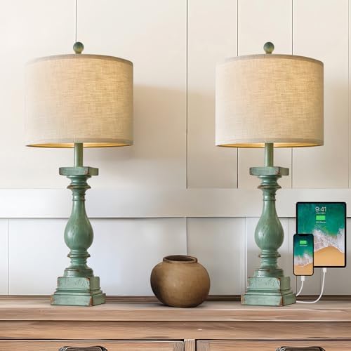 BOBOMOMO 27" Farmhouse Table Lamp Set of 2 with USB A+C for Bedroom Living Room Vintage Rustic Traditional Nightstand Bedside Lamps Retro Side Table Lamps (Green) by BOBOMOMO