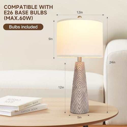 Terpsichore Nightstand Lamp Bedside Lamps Set of 2 Vintage Rustic Farmhouse Table Lamp 3 Way Dimmable Horizontal Stripe Light,for Living Room Bedroom,USB A+C (Gray, Hing 24 in) - Image 5