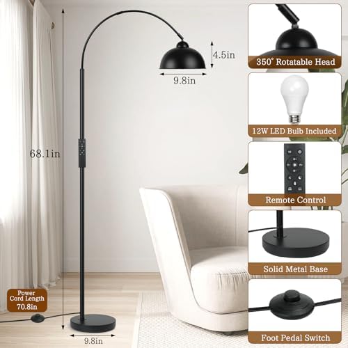 Modern Arc Floor Lamp with Remote Control 12W Stepless Dimmable Arched Standing Lamp,Adjustable Metal Hanging Shade,Tall Over the Couch Pole Light for Living Room, Bedroom, Office (Black) - Image 2