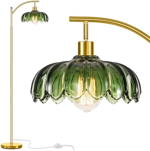 gernehop Gold Floor Lamp for Living Room,Unique Vintage Standing Tall Lamp,Mid Century Modern Floor Lamps Arc Green Glass Floor Lamps for Office Corner by gernehop