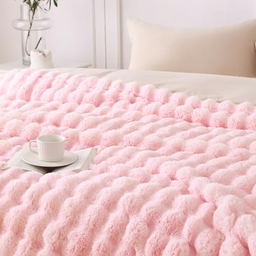 COOVA Soft Bubble Faux Fur Throw Blanket, 60"x80", Light Pink - Image 3