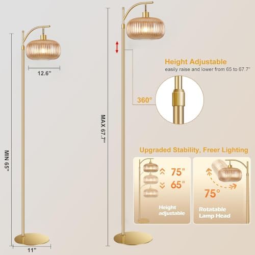 Glass Floor Lamp for Living Room, Bedroom, Gold Tall Lamp with Amber Shape - Image 7
