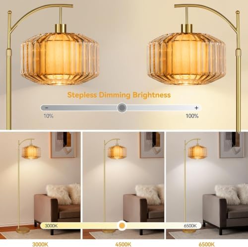 QIYIZM Glass Floor Lamp for Living Room,Bedroom,Gold Standing Lamp with Remote Dimmable,Arc Mid Century Modern Vintage Tall Lamp Brass Boho Floor Lamps Stained Retro Floor Light Lamp Bohemian - Image 2