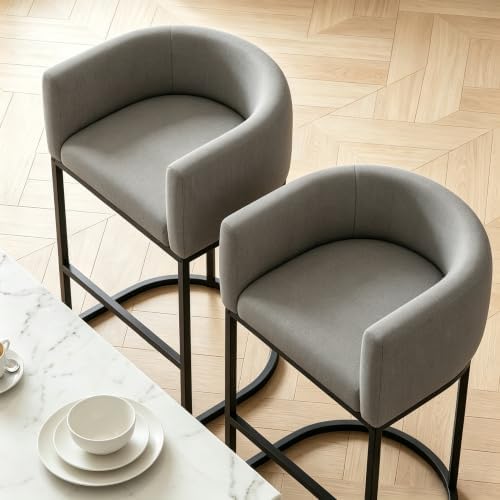26" H Counter Height Bar Stools Set of 3, Modern Barrel Counter Stools with Backrest and Arms, Linen Fabric Upholstered Accent Barstools for Kitchen Island,Support 450 LBS (Gray) - Image 4