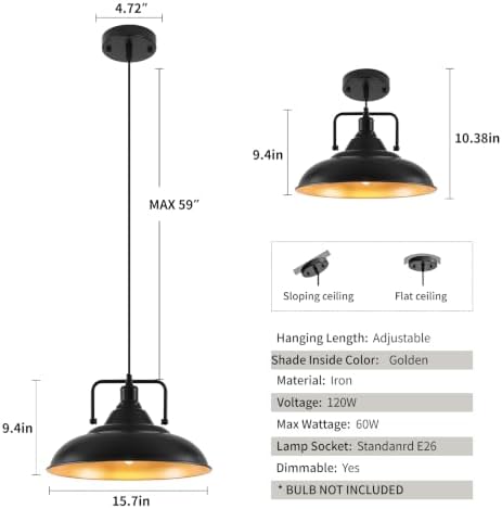 Black Pendant Light, Large Black and Gold Pendant Light 15.7" 3 Packs, Farmhouse Pendant Light, Island Pendant Lights, Kitchen Pendant Lights, Pendant Lights for Kitchen, Living Room - Image 6